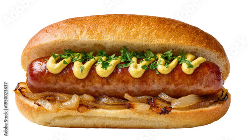 Foto Isolated gourmet hot dog with grilled sausage, savory mustard, fresh parsley, and caramelized onions