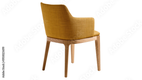 Isolated modern comfortable mustard yellow upholstered dining armchair with wooden frame