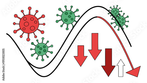 A vector graphic illustrating the fluctuating impact of viruses on health trends with a red and green color scheme