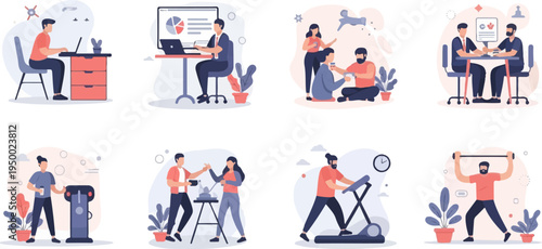 Diverse scenes of people working, relaxing, and exercising