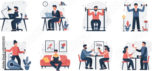 Eight cartoon scenes depicting work, exercise, and relaxation activities