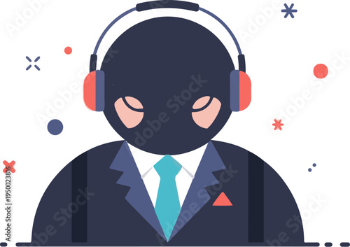 Flat icon of a person wearing a balaclava and headphones, suit