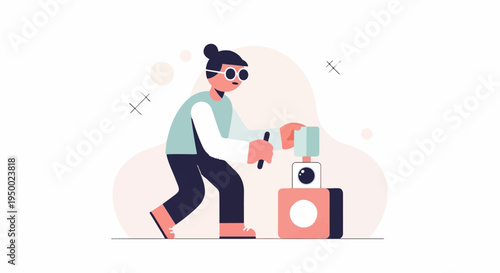 Flat design shows person assembling geometric shapes with tools