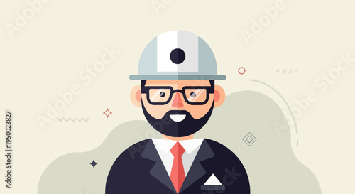 Flat design portrait of a bearded man wearing a hard hat and glasses