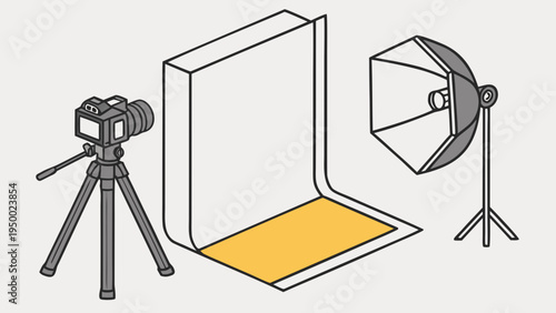 A minimalist vector graphic illustration of a photography studio setup with a camera, backdrop, and softbox lights.