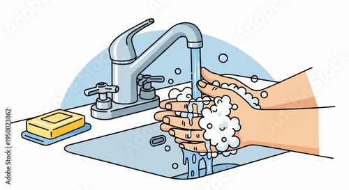 Person washing hands under running water with soap at a sink