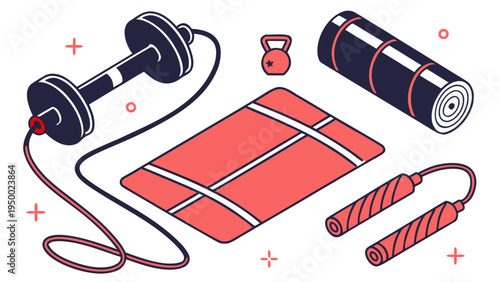 A vector graphic illustration of various fitness equipment and accessories for a workout routine
