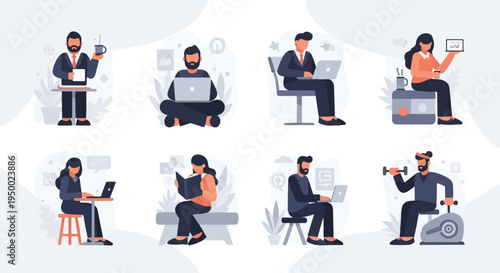 Eight people engaged in various activities working, reading, and exercising