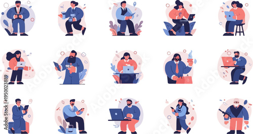 Diverse professionals engaged in various tasks with digital devices and accessories