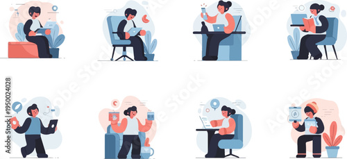 Eight diverse animated characters engaging with technology and daily life