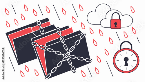 A vector graphic illustration of secure files and data protection with chains, locks, and a cloud