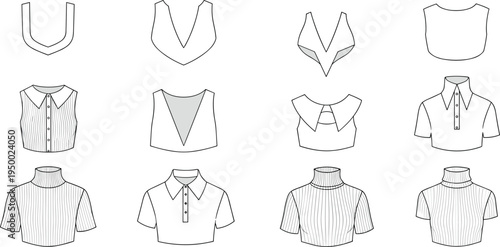 CAD drawing flat vector illustration of women’s tops fashion design template, collars, turtlenecks, ribbed, cropped, sleeveless modern styles