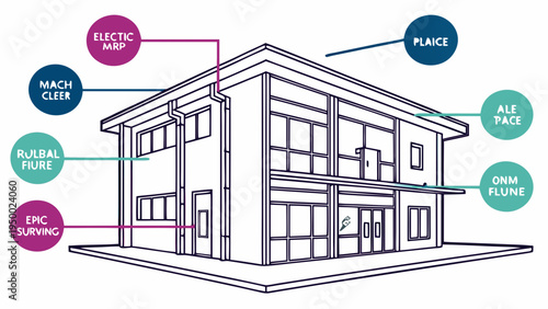 A vector graphic illustration of a modern building with labeled architectural features in a flat design style