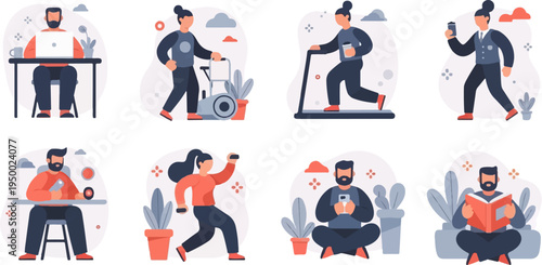 Diverse people engaged in various daily activities, work, and exercise