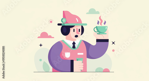 Flat illustrated person in pink hat, purple sweater, holding a cup of steaming coffee