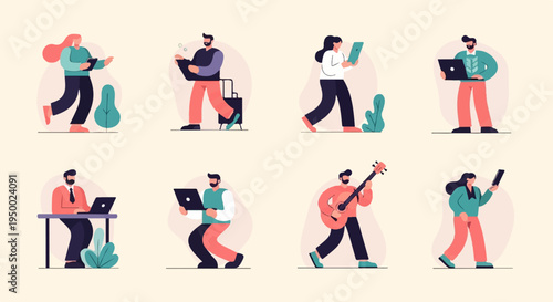 Flat illustrated people engage in diverse activities with technology and hobbies