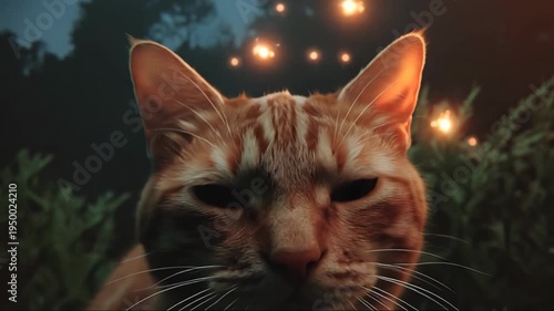 Orange tabby cat staring with wide curious eyes at sparkling lights. Feline surprise sequence in mysterious green foliage background. Magical wonder and animated pet reaction concept