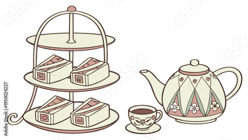 A charming vector illustration of a tea set with a tiered serving dish and cup of tea