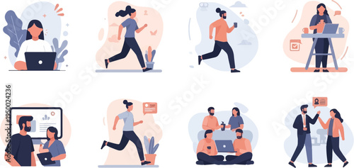 Flat illustration depicting people in various work and leisure activities