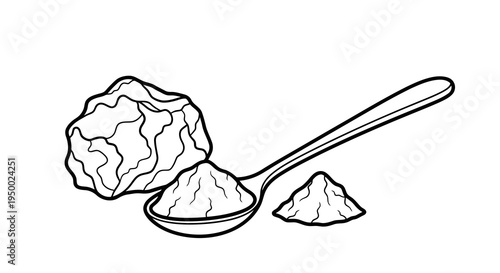 A spoonful of white powder beside a rock and a small pile on a white background.