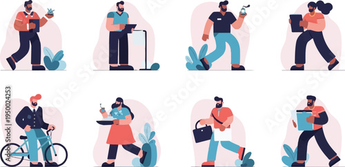 Diverse people engaged in various daily tasks, from cycling to cooking and working