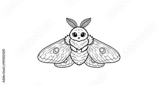 A simple black and white line drawing of a cartoon moth with a smiling face and large eyes.