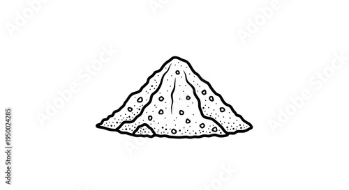 A simple black and white drawing of a volcano with a rugged surface and crater.
