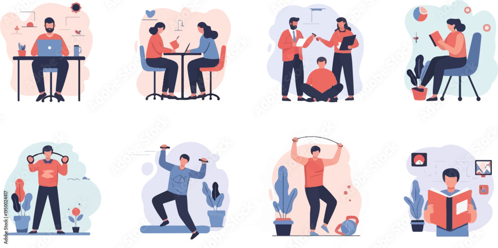 Naklejka premium Eight diverse flat illustrations depicting daily activities and work