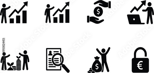 Black Business Finance and Investment Icon Set on White Background
