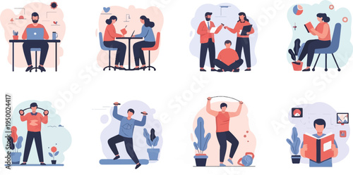 Eight diverse flat illustrations depicting daily activities and work
