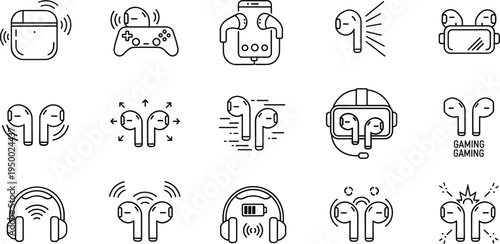 Wireless earbuds and headphones line icon set with gaming audio bluetooth earphone vector illustration collection