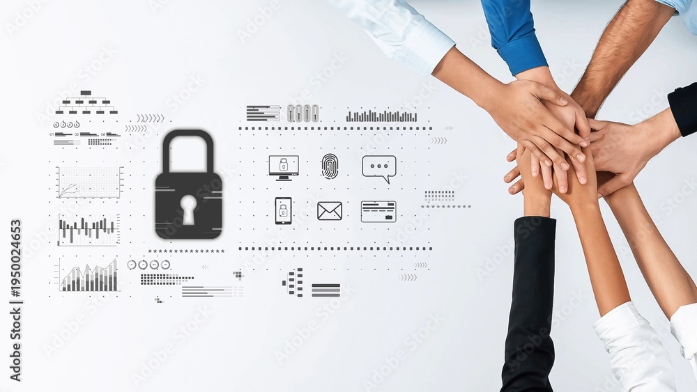 Obraz premium Diverse hands join together symbolizing teamwork and collaboration in secure data management against a backdrop of digital graphics representing analytics and communication tools. Raster