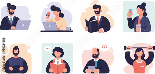 Eight diverse individuals depicted in a flat illustration style, engaged in various activities