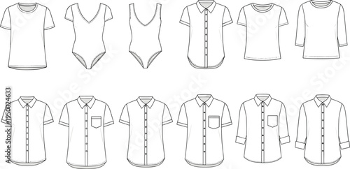 CAD drawing flat vector illustration of women’s tops and shirts fashion design template, t-shirt, bodysuit, collared button-up shirt styles