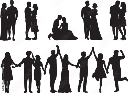 Elegant silhouettes of various couples and pairs of people interacting, holding hands, and showing affection