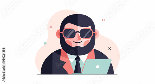 Flat illustration of a bearded man in sunglasses and suit with a laptop