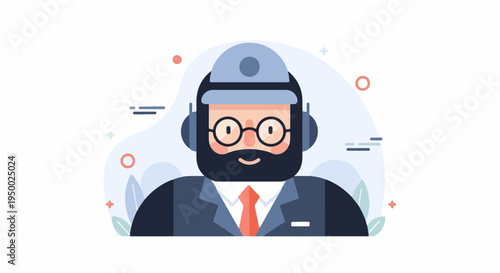 Flat illustration of a bearded man with glasses, tie, and headphones