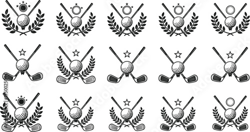 Vintage golf emblem badge collection with crossed clubs ball laurel wreath stars retro sport logo vector set