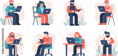 Eight diverse individuals engaged in various digital tasks on laptops