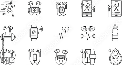 Wireless earbuds fitness tracking and workout technology line icon set with heart rate vector illustration