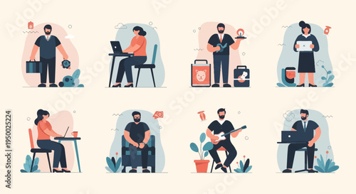 Diverse people engaged in various activities, work, leisure, and creative pursuits