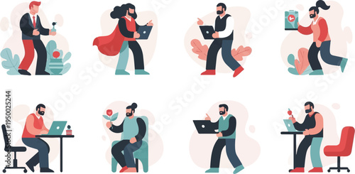 Eight diverse individuals engaged in various professional and personal activities with technology