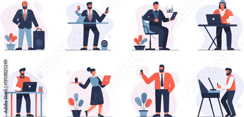 Eight diverse individuals engaged in various professional activities and tasks