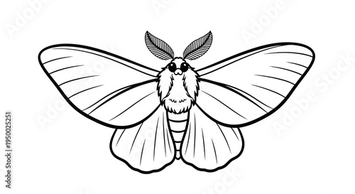 A simple black and white line drawing of a moth with large wings and antennae.
