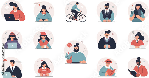 Diverse people engaged in various activities work, leisure, and personal pursuits