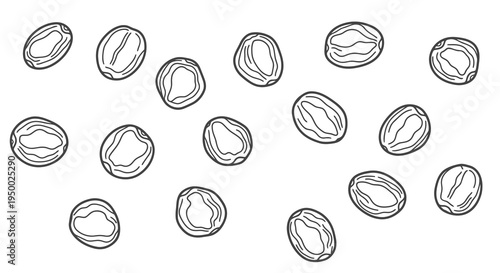 A simple drawing of coffee beans scattered on a white background.