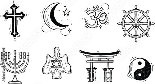 World religion spiritual symbols doodle icon set with cross crescent om yin yang vector illustration