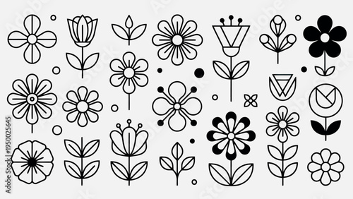 Set of 25 simple line flowers and leaves vector icons