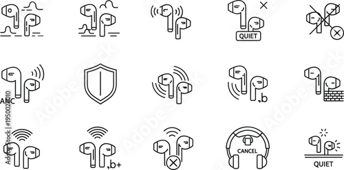 Wireless earbuds noise cancellation features line icon set with ANC quiet mode audio vector illustration