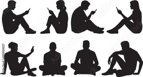 Black human silhouettes of men and women sitting, some engaged with mobile phones